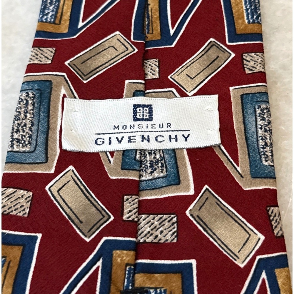 Monsieur Givenchy Silk Necktie Burgundy Red Blue Gold Geometric Abstract Vintage - Picture 5 of 6